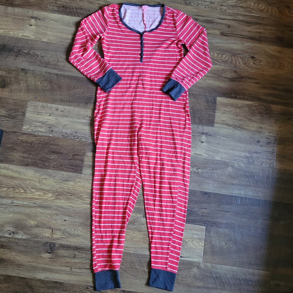 Jenni Women's M One-Piece Pajama Onesie PJ's Christmas Red/White Stripe Holiday